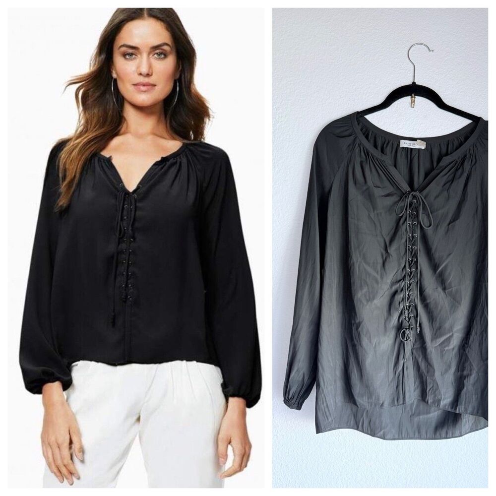 Ramy Brook Women's Kat Lace Up Long Sleeve Tie Neck Boho Blouse in Black Size XS